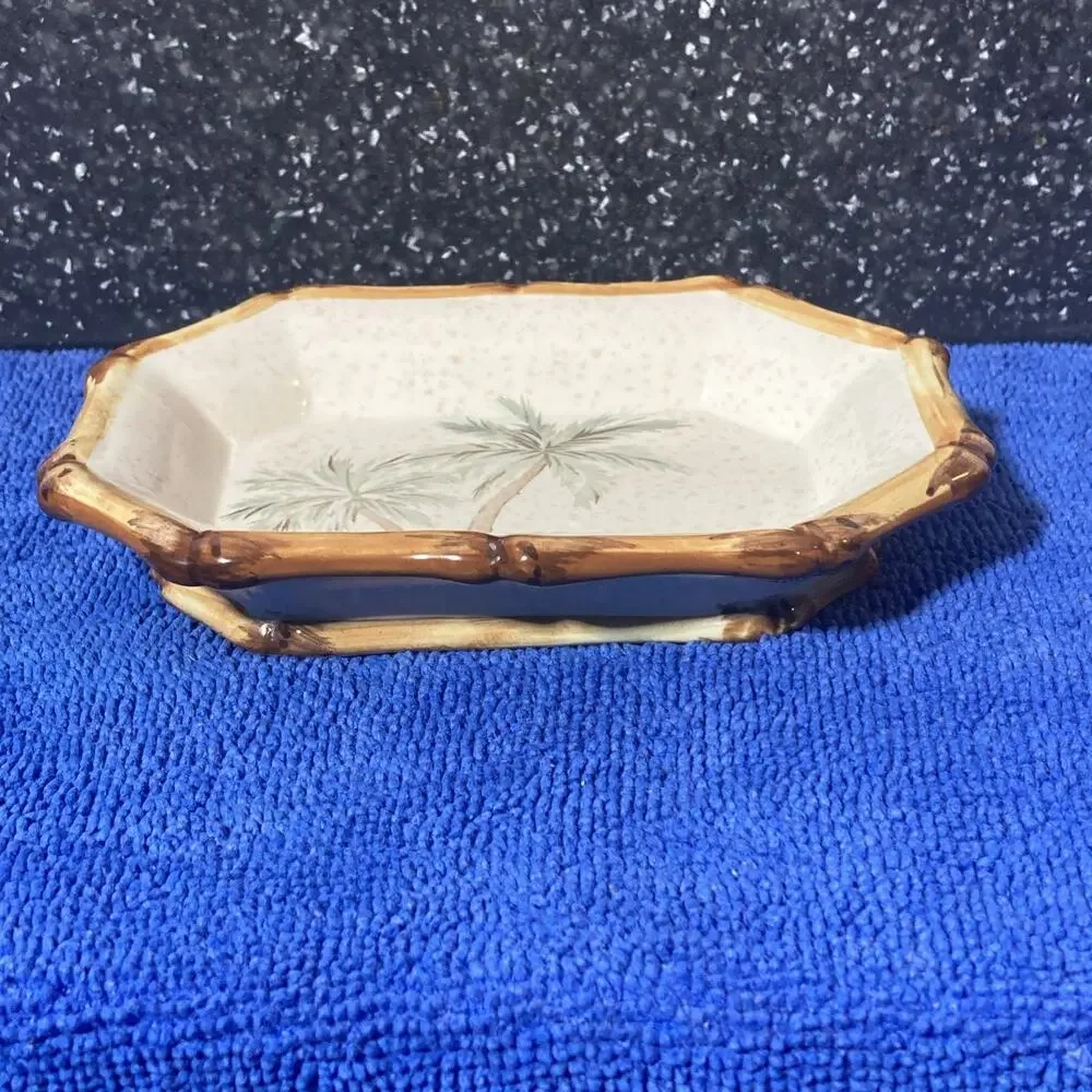Vintage Springmaid Ceramic Soap Dish With Bamboo Trim & Palm Tree Design